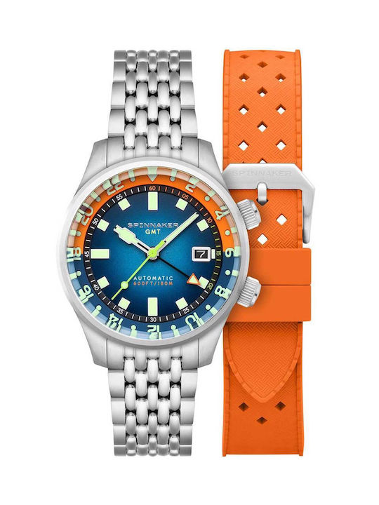 Spinnaker Bradner GMT Automatic Watch Silver Metal Bracelet Orange Rubber Strap SP-5121-AA