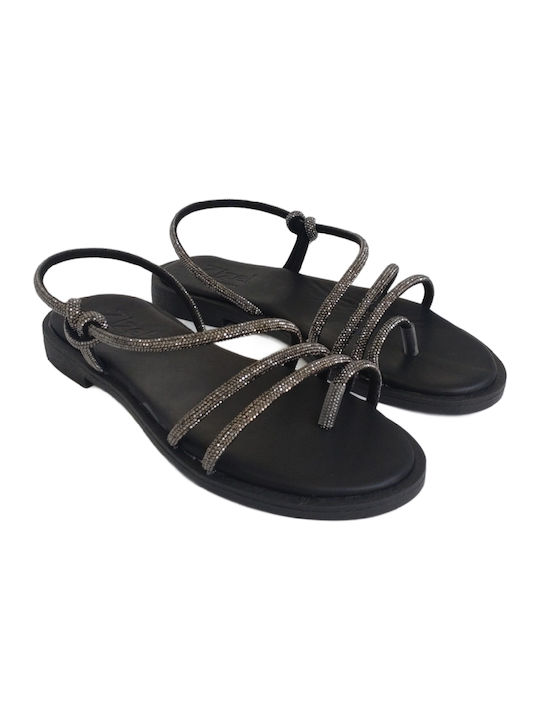 Damen Flache Sandalen mit Strasssteinen, ZIZEL 710.BL Schwarz