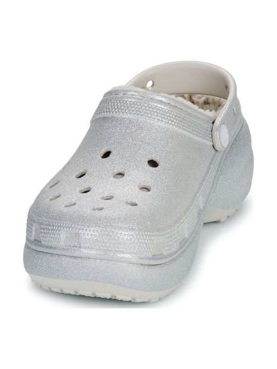 Crocs Classic Platform Glitter Γυναικεία Σαμπό με Γούνα Ασημί