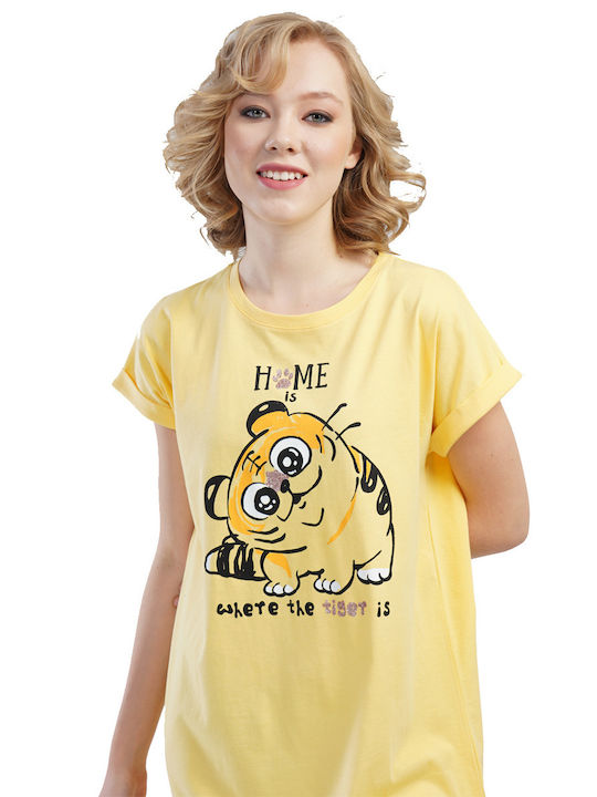 Vienetta Women's Summer Cotton Nightdress "Home is Where the Tiger is" with Cap Sleeve-110163b Yellow