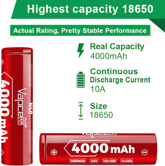 Vapcell N40 Επαναφορτιζόμενη Μπαταρία 18650 4000mAh 3.6V 1τμχ