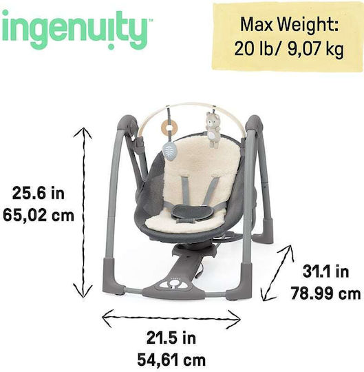 Ingenuity Elektrisch Baby Relax Schaukel Swing 'n Go Portable Swing mit Musik Gray für Kind bis 9kg