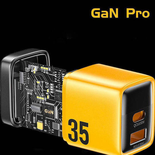 WK Charger Without Cable GaN with USB-A Port and USB-C Port 35W Power Delivery Yellows (WP-U25)