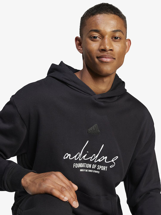 adidas Brand Love French Terry Φούτερ με Κουκούλα Μαύρο
