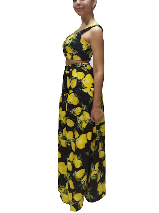 New Collection Women's Set Top Skirt Print Lemons Polyester Black