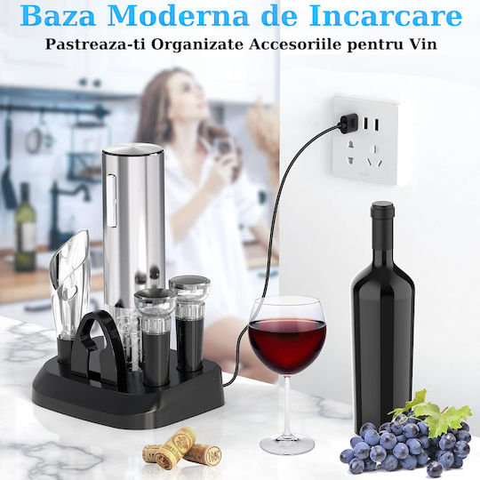 Deschizător electric de vin Vittalist cu accesoriu tăietor de folie reîncărcabil, aerator, pompă de vid și dop gri