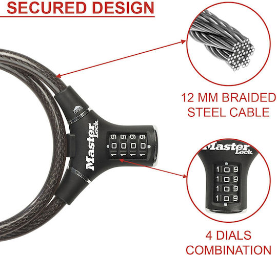 Master Lock 8229EURDPRO Κλειδαριά Ποδηλάτου Κουλούρα με Συνδυασμό Μαύρη