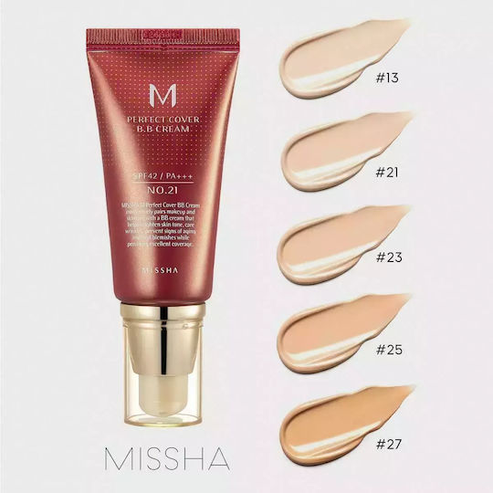 Missha M Perfect Cover BB 21 Light Beige 24ωρη Κρέμα Προσώπου Ημέρας με SPF42 για Ενυδάτωση, Αντιγήρανση & Ατέλειες με Υαλουρονικό Οξύ & Κολλαγόνο 50ml