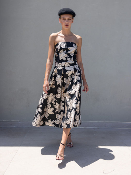 Midi Skirt with Floral Contrast Black