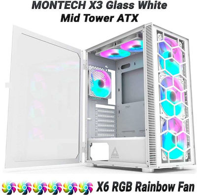 Montech X3 Glass Gaming Midi Tower Computer Case with Window Panel and RGB Lighting White