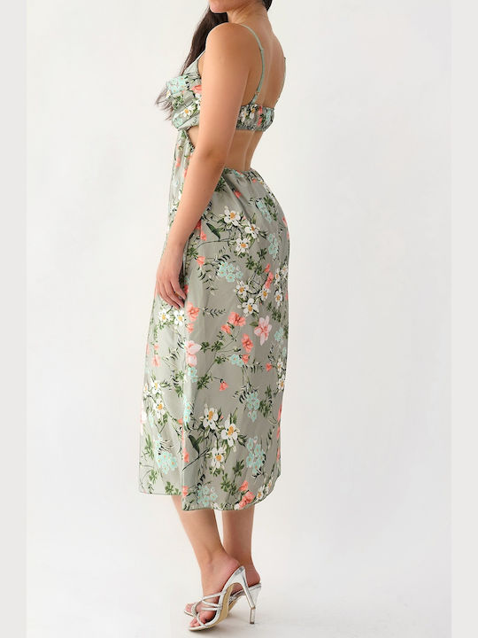 Irene Khaki Midi Floral Cut Out Dress