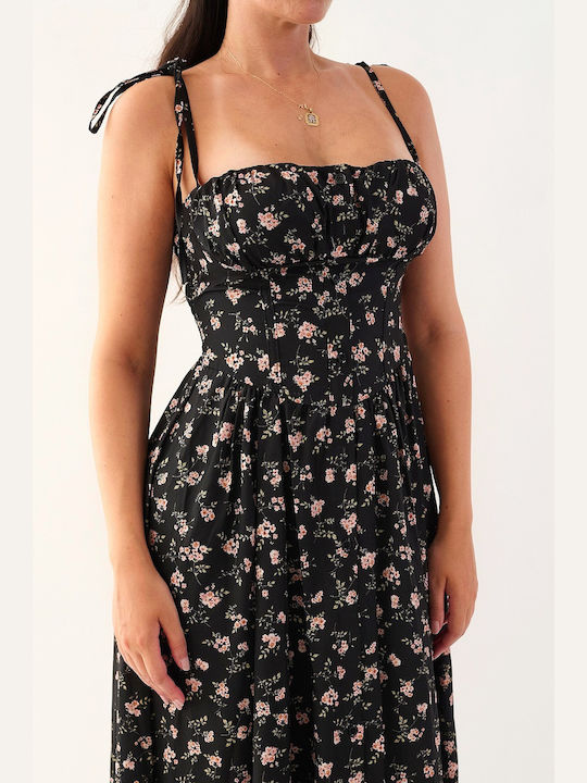 Eveline Black Floral Midi Dress Buttons