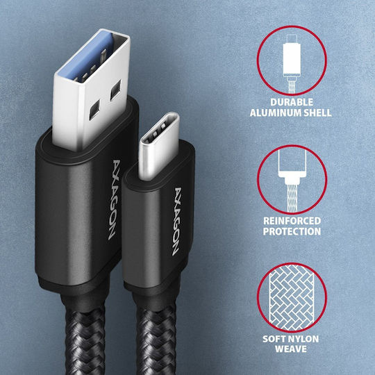 Axagon Braided USB 3.0 Cable USB-C Male - USB-A Black 1m BUCM3-AM10AB