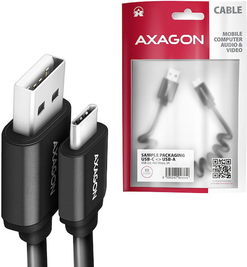 Axagon Spiral USB 2.0 Cable USB-C Male - USB-A Black 0.6m BUCM-AM10TB