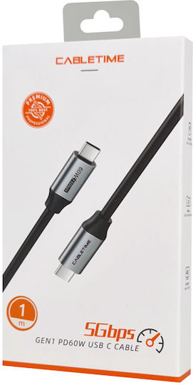 Cabletime USB 2.0 Cable USB-C Male - USB-C 60W PD Black 1m