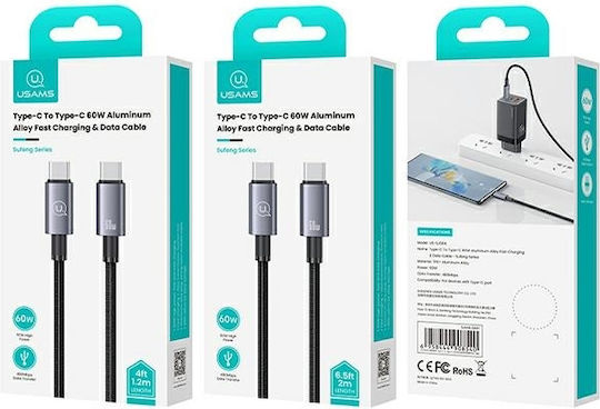 Usams Braided USB 2.0 Cable USB-C male - USB-C 60W PD Μαύρο 1.2m US-SJ661