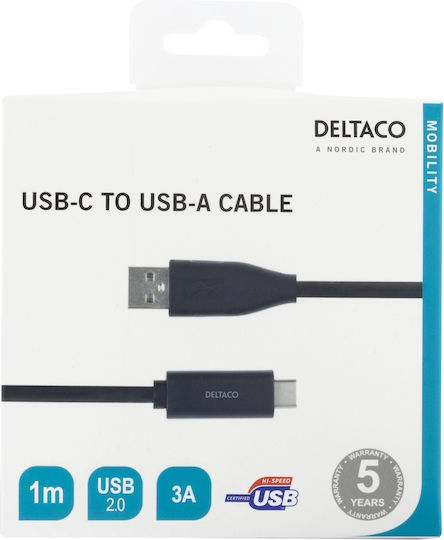 Deltaco USB 2.0 Cable USB-C male - USB-A Μαύρο 1m USBC-1004M
