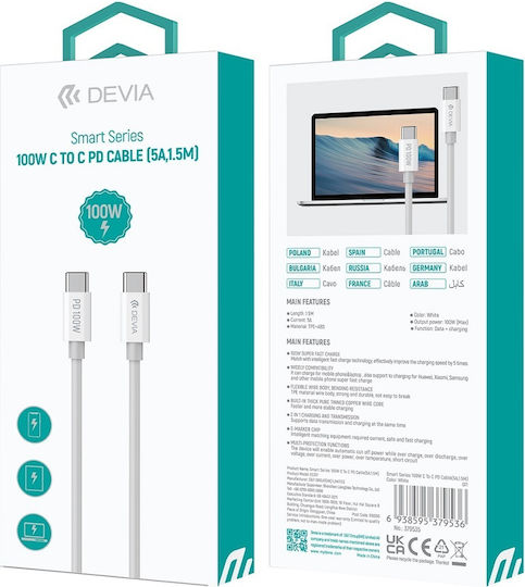 Devia EC317 USB 2.0 Cable USB-C Male - USB-C 100W PD White 1.5m