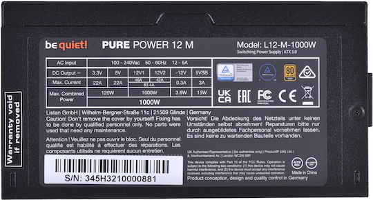 Be Quiet Pure Power 12 M 1000W Черен Компютърно захранване Пълен модул 80 Plus Gold
