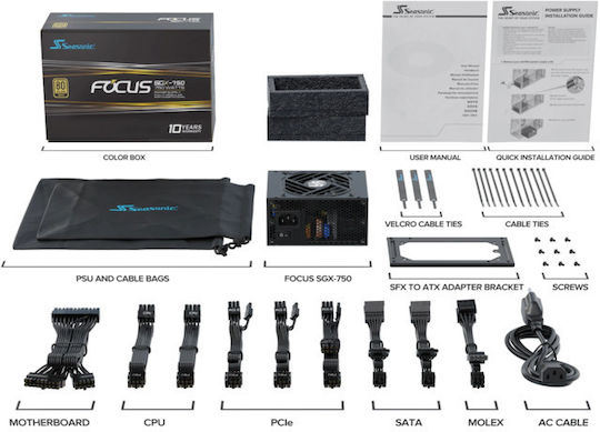 Seasonic Focus SGX 750 750W Μαύρο Τροφοδοτικό Υπολογιστή Full Modular 80 Plus Gold