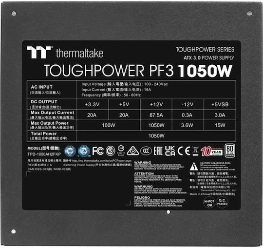 Thermaltake Toughpower PF3 1050W Μαύρο Τροφοδοτικό Υπολογιστή Full Modular 80 Plus Platinum