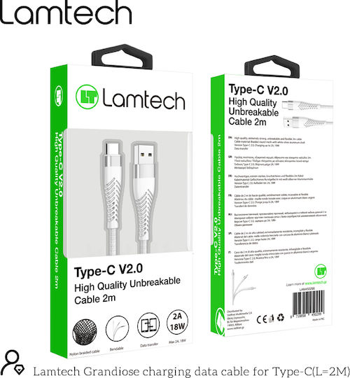 Lamtech USB 2.0 Cable USB-C male - USB-A 18W Λευκό 2m LAM450299