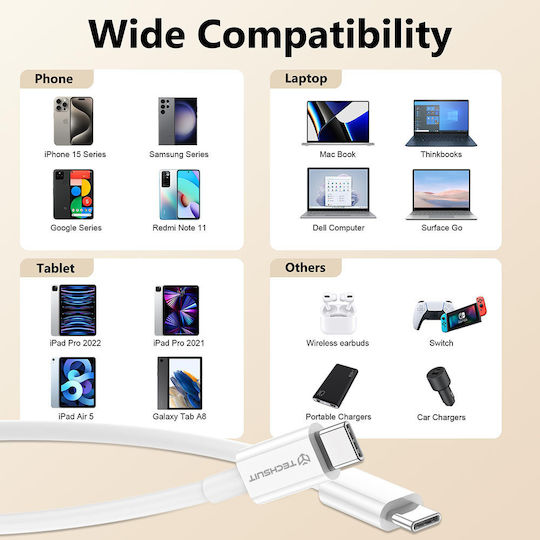 Techsuit USB 2.0 Cable USB-C male - USB-C 60W Λευκό 1m