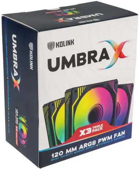 Kolink Umbra X Case Fan 120mm (1600rpm / 61cfm) with ARGB Lighting and 3-Pin / 4-Pin PWM Connection 3pcs