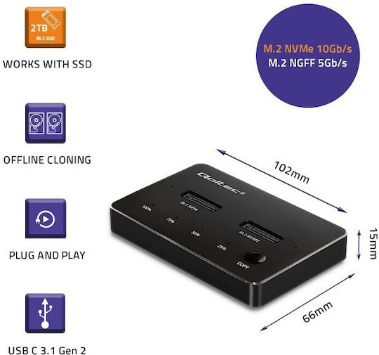 Qoltec Docking Station for 2 Hard Drives PCIe/SATA M.2 (2230)" / M.2 (2242)" / M.2 (2260)" / M.2 (2280)" with Connection USB-C (52274)