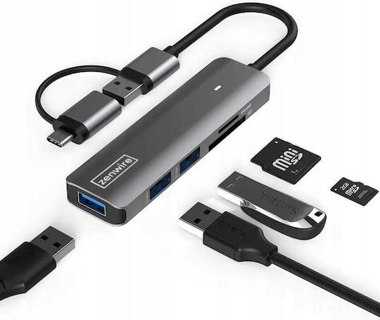 Zenwire Hub 3 Θυρών USB 3.0 με σύνδεση USB-A / USB-C Γκρι