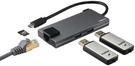 HAMA Hub 2 Θυρών USB 3.2 με σύνδεση USB-C / Ethernet Γκρι