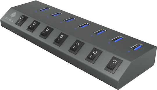 Icy Box USB Хъб 7 Порта USB 3.0 с Връзка USB-A / USB-C Сив