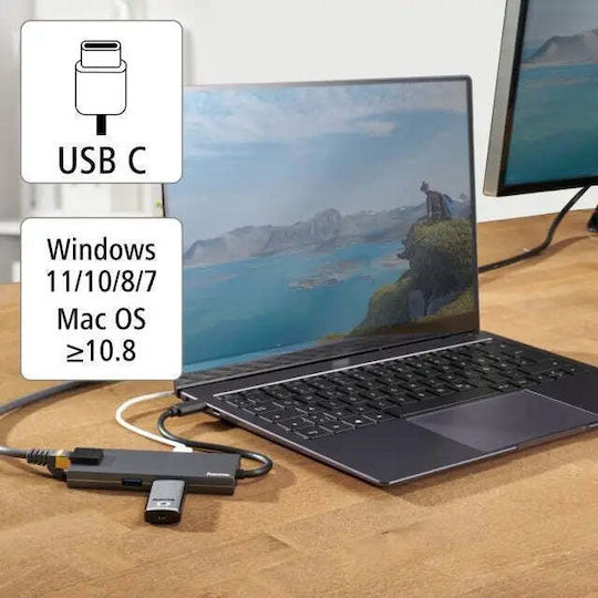 HAMA Hub 2 Θυρών USB 3.2 με σύνδεση USB-C / Ethernet Γκρι