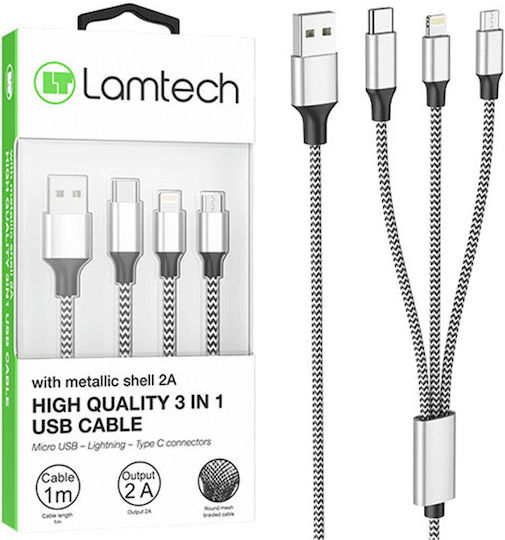 Lamtech Braided USB to micro USB / Lightning / Type-C Cable 2A Γκρι 1m (LAM450329)