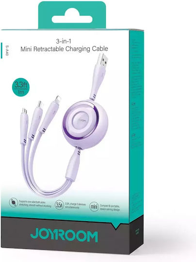 Joyroom S-A40 Подвижен USB към Lightning / Type-C / micro USB Кабел 3.5Спецификация Лилав 1м (S-A40)
