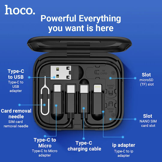 Hoco Regular USB to Lightning / Type-C / micro USB Cable 3A Μαύρο 0.28m (U114)