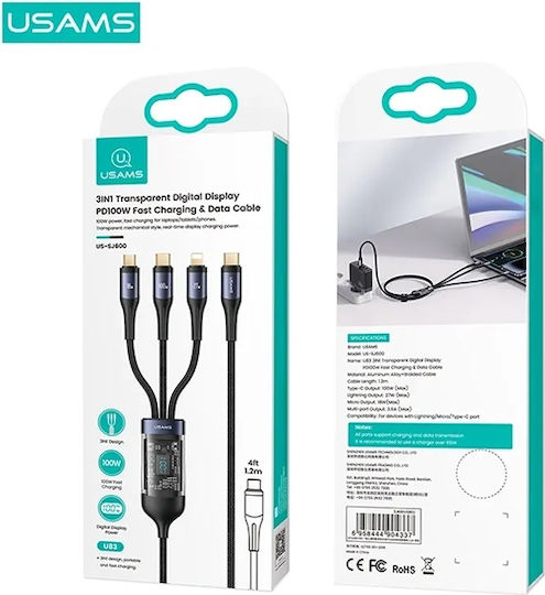 Usams Regular Cablu USB la Lightning / Type-C / micro USB cu mai multe porturi 3.6A Negru 1.2m (US-SJ600)