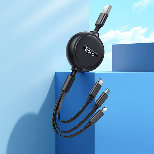 Hoco Retractable USB to Lightning / Type-C / micro USB Cable 2A Μαύρο 1m