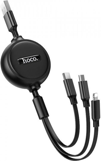 Hoco Retractable USB to Lightning / Type-C / micro USB Cable 2A Μαύρο 1m