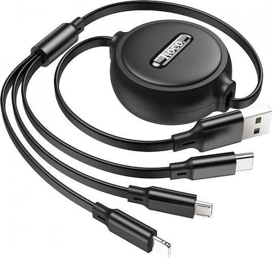 Hoco Retractable USB to Lightning / Type-C / micro USB Cable 2A Μαύρο 1m