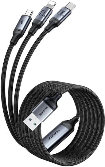 Joyroom SA21-1T3 Braided Cablu USB la Lightning / Type-C / micro USB cu mai multe porturi 2.4A Negru 1.2m