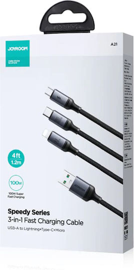 Joyroom SA21-1T3 Braided Cablu USB la Lightning / Type-C / micro USB cu mai multe porturi 2.4A Negru 1.2m