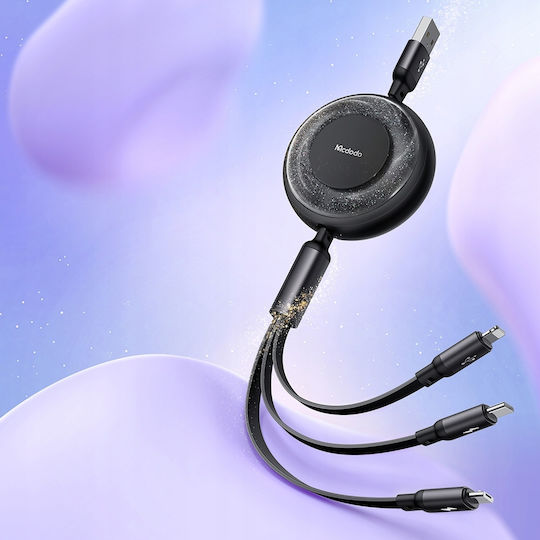 Mcdodo Flach / Ausziehbar USB zu Typ-C,TC-TC / Blitzschlag / Micro-USB Kabel 3A Schwarz 1.2m (CA-3570)