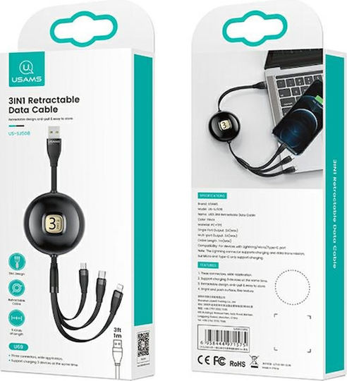 Usams US-SJ508 Подвижен USB към Lightning / Type-C / micro USB Кабел Черен 1м (SJ508USB01)