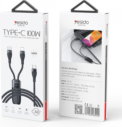 Yesido Geflochtenes USB-zu-Blitzschlag / Typ-C Kabel 3,5A Schwarz 1,4m 480Mbps