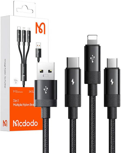 Mcdodo LED USB to Type-C / Lightning / micro USB Cable 3.5A Μαύρο 1.2m (CA-5790)