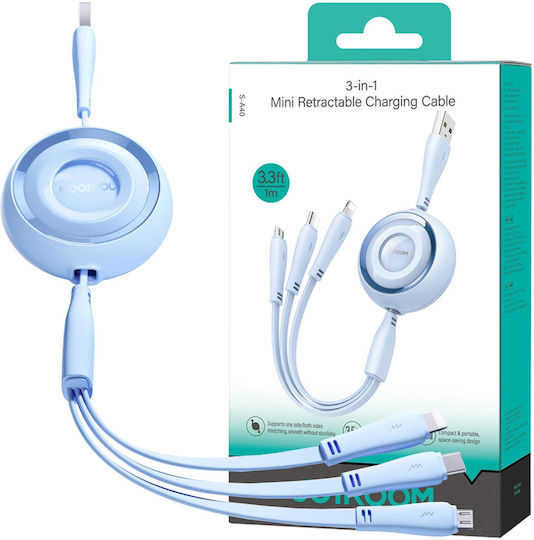 Joyroom S-A40 Extensibil Cablu USB la Lightning / Type-C / micro USB cu mai multe porturi 3.5A Albastru 1m (S-A40)