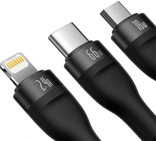 Baseus Flash 3in1 Regular USB to micro USB / Lightning / Type-C Cable Μαύρο 1.2m (BG-40492)