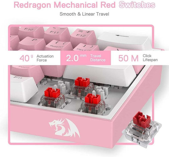 Redragon K616-RGB Fizz Pro Gaming Μηχανικό Πληκτρολόγιο 60% με Custom Red διακόπτες και RGB φωτισμό (Αγγλικό US) Pink/White