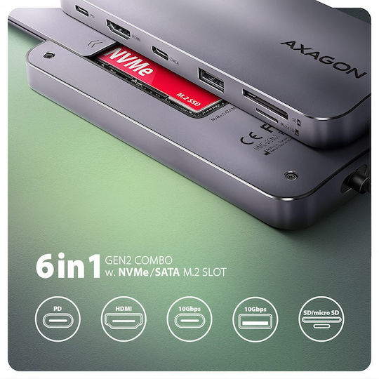 Axagon USB-C Docking Station mit HDMI 4K PD und Verbindung 2 Monitore Gray (HMC-6GM2)